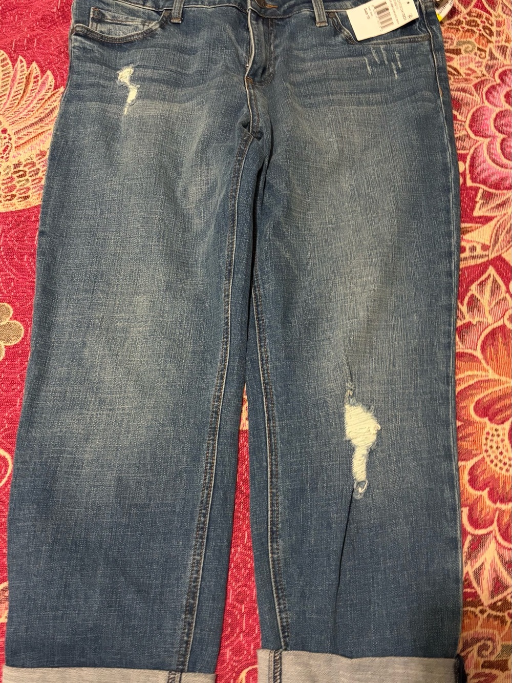 Catherines Blue Distressed Boyfriend Jeans with Roll Cuff